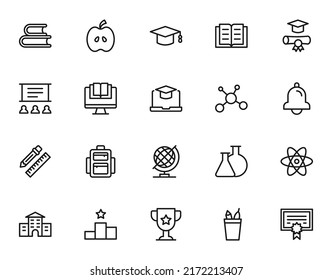 Science and education sign. Minimalistic monochrome vector symbols. Line icon set with icons of education, school, university, books, apple, audience, ring, globe etc