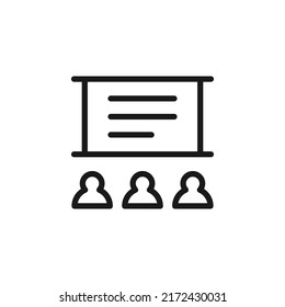 Science and education sign. Minimalistic monochrome vector symbol. Suitable for adverts, sites, articles, books. Vector line icon of students in classroom in university