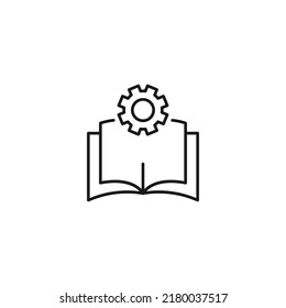 science, education signs. High quality symbol for stores, books, articles, sites. Editable stroke. Vector line icon of gear or cogwheel over opened book 
