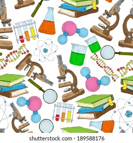 Science education sketch seamless wallpaper with atom structure flask laboratory equipment vector illustration