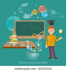 Science and education student at the blackboard studying astronomy chemistry physics mathematics 