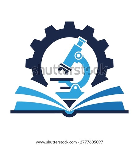 Science education symbol with microscope on open book and gear, representing learning and technology.