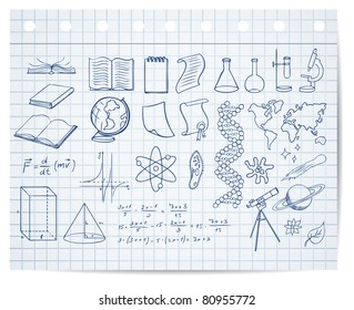 science and education symbols on copybook page vector set