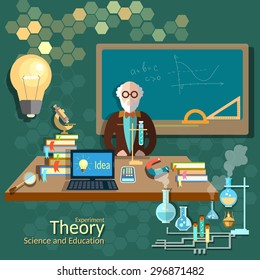 Science and education teacher classroom professor university college algebra chemistry physics theory lecture vector illustration  