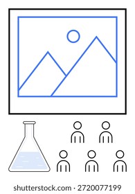 Ciencia, educación, trabajo en equipo, creatividad, investigación, innovación. Imagen minimalista con un frasco, arte paisajístico y figuras de personas. Ciencia y educación por el frasco y colaboración