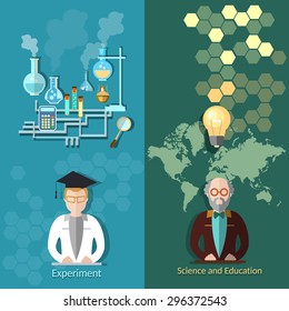 Science and education university lecturers science research chemistry physics professor experiment vector banners  