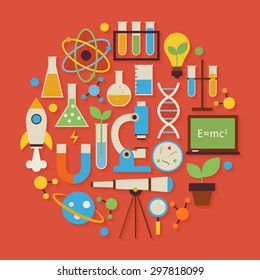 Science and Education Vector Flat Design Circle Shaped Objects Set with Shadow. Collection of Chemistry Biology Astronomy Physics and Research Colorful Objects. Set of Modern Back to School Items. 