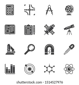 Science and education vector icons set, modern solid symbol collection, filled style pictogram pack. Signs, logo illustration. Set includes icons as math calculator, geography globe, satellite, atom