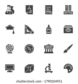Science & education vector icons set, modern solid symbol collection, filled style pictogram pack. Signs logo illustration. Set includes icons as chemistry test, math, graduate hat, library, geography