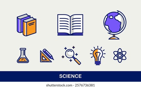 Science and education vector icons set, physics and chemistry, mathematics and geography, research and experiments.