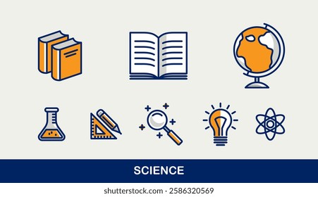 Science and education vector icons set, physics and chemistry, mathematics and geography, research and experiments.