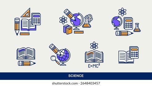 Conjunto de ícones vetoriais de ciência e educação, física e química, matemática e geografia, pesquisa e experimentos.