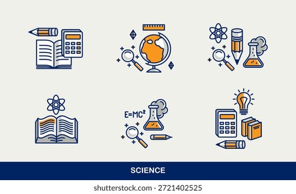 Conjunto de ícones vetoriais de ciência e educação, física e química, matemática e geografia, pesquisa e experimentos.