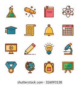 Science and education vector icons set color line style