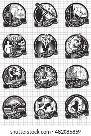 Science and education vector labels design. Collection of vector signs, symbols and icons. School subject badges stickers and labels set. 