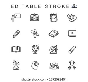 Science and education vector linear icons set. Elements education outline symbols pack. Collection of simple education icons isolated contour illustrations. Teacher. Atom. Textbooks. Students. Globe