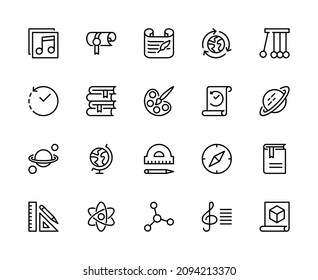 Science and education vector linear icons. Mathematics, history, geography, physics, biology, astronomy, literature, chemistry and much more. Isolated collection of education icons for websites.