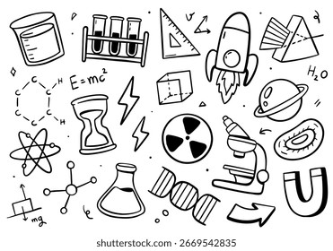 Elemento científico doodle definido no fundo branco. Ilustração vetorial