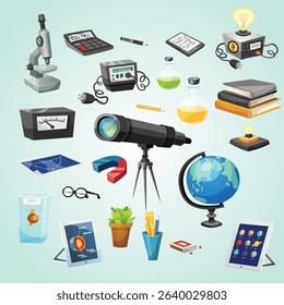 Science Elements Cartoon Set cell biotechnology discovery school 3d future glassware astronomy 