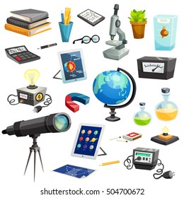 Science elements cartoon set of colorful school and scientific objects and equipment isolated vector illustration