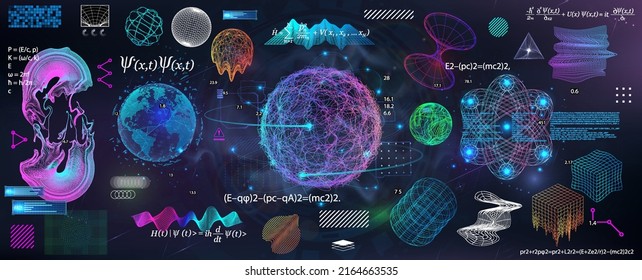 Science elements and geometric shapes, spheres. Quantum Mechanics, curvature of spacetime in a gravitational field, formula and elements from theoretical physics. Quantum Mechanics shapes, elements. - Shutterstock ID 2164663535