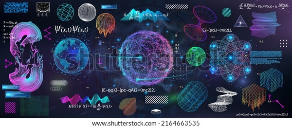 Science elements and geometric shapes, spheres.\
Quantum Mechanics, curvature of spacetime in a gravitational field,\
formula and elements from theoretical physics. Quantum Mechanics\
shapes, elements.