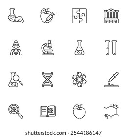 Science elements line icons set, outline vector symbol collection, linear style pictogram pack. Signs, logo illustration. Set includes icons as scientist, microscope, lab test tube, dna, petri dish