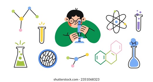 Science elements set. Boy with microscope. Flat vector illustration.