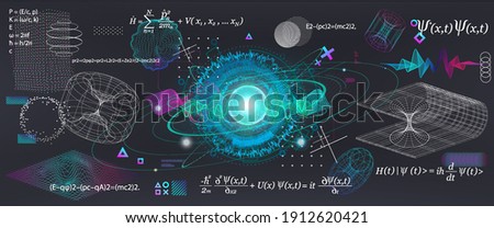 Science elements set concept Quantum Mechanics, formula, curvature of spacetime in a gravitational field, black hole, elements from theoretical physics. Futuristic Quantum Mechanics. Vector collection