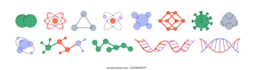 Conjunto de elementos científicos. Partículas científicas e estruturas moleculares, átomos, moléculas e cadeias de ADN. Modelos de química, física e biologia. Ilustrações de vetor planas isoladas no plano de fundo branco