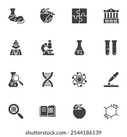 Science elements vector icons set, modern solid symbol collection, filled style pictogram pack. Signs, logo illustration. Set includes icons as scientist, microscope, lab test tube, dna, petri dish
