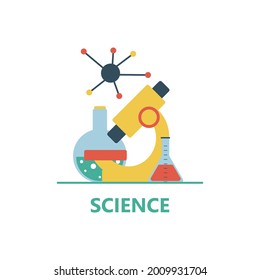 Science emblem with microscope, flasks and molecule. STEM education: science, technology, engineering, mathematics. Vector illustration.