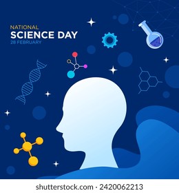 Science Empowers 'NATIONAL SCIENCE DAY' in prominent white letters, '28 FEBRUARY' beneath. A subtle black silhouette of a human head below signifies the power of knowledge