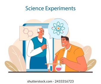 Science Engagement concept. Interactive learning with experiments and discoveries in chemistry and physics. Inspiring curiosity through education. Flat vector illustration.