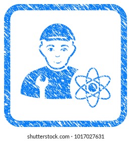 Science Engineer rubber seal stamp watermark. Icon vector symbol with scratched design and dirty texture inside rounded squared frame. Scratched blue stamp imitation. Human face has enjoy expression.