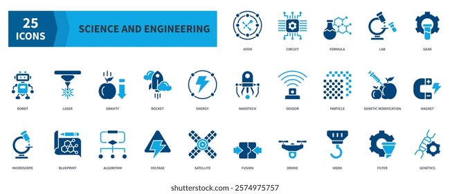 Science And Engineering Icon Collection Set. Containing atom, formula, lab, robot, energy, nanotech, genetics Icon. Simple Flat Vector. Blue Color Style