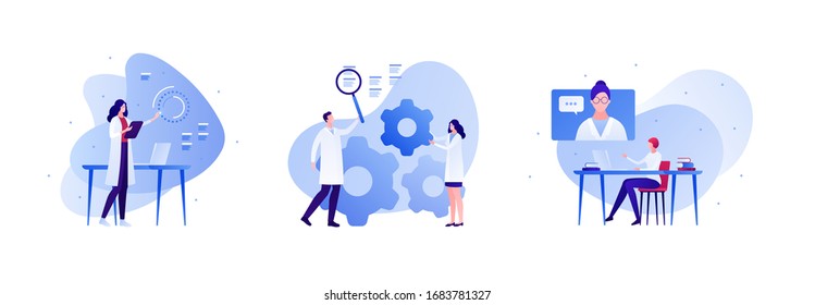 Science engineering and technology innovation concept. Vector flat person illustration set. Man and woman scientist team. Lab equipment. Laptop, online conference, cog. Design for teamwork banner