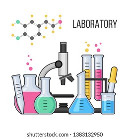 Science equipment in chemistry laboratory vector with microscope, test glass tube and flask. Pharmacy and chemistry, education and science vector concept.