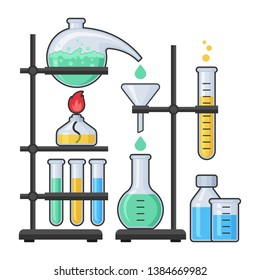 Science equipment in chemistry laboratory vector with test glass tube and flask. Pharmacy and chemistry, education and science vector concept.