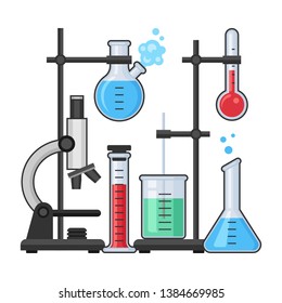 Science equipment in chemistry laboratory vector with microscope, test glass tube and flask. Pharmacy and chemistry, education and science vector concept.
