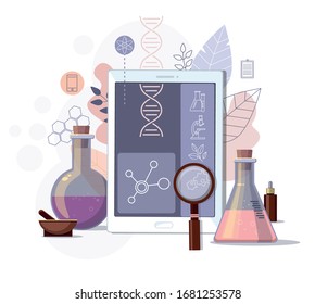 Science equipment and  digital tablet in laboratory. Scientific experiment and education development concept.