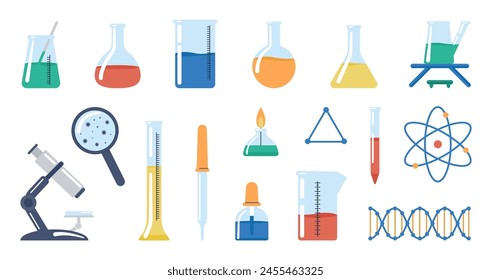 Wissenschaft. Glas-Laborröhrchen, DNA-Molekül, Brenner und Pipette. Chemie- oder medizinische Forschungswerkzeuge, ordentliche Vektorgrafik flache Kollektion