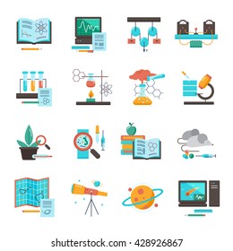 Science equipment icon set  for chemistry biology astronomy medicine vector illustration