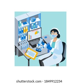 Science equipment in laboratory, simple microscope vector illustration, optic learning.
