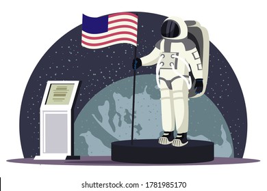 Science exhibition in astronomy museum design interior. Modern stand with spacesuit of astronaut holding flag of America. Space mission on moon. Vector illustration of study of galaxy, solar system