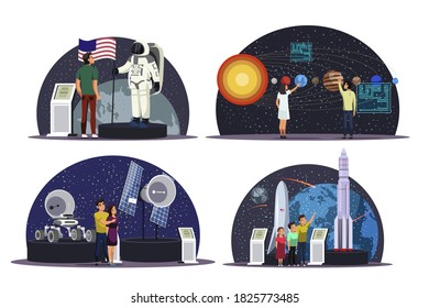 Science exhibition in astronomy museum scenes set. People inspects stand with astronaut spacesuit, aeronautics equipment, spacecraft. Vector character illustration of galaxy, solar system, education