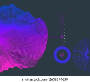 Science experiment. Array with dynamic particles tending towards or away from the centre, lines of energy. Abstract background with dynamic particles. Circular grid pattern. 3d vector illustration.