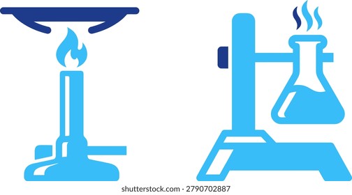 Science experiment, Bunsen burner flame, laboratory flask, heating liquid, scientific research, education.