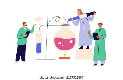 Science experiment in chemical laboratory. Tiny scientists at chemistry research with lab glassware, tubes. Chemists and scientific study. Flat vector illustration isolated on white background