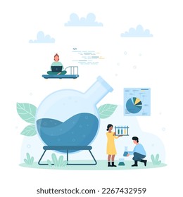 Experimento científico en la ilustración de vectores de laboratorio químico. Pequeñas personas de dibujos animados investigan química con tubos de ensayo de laboratorio y grandes frascos, análisis y estudio de científicos profesionales químicos
